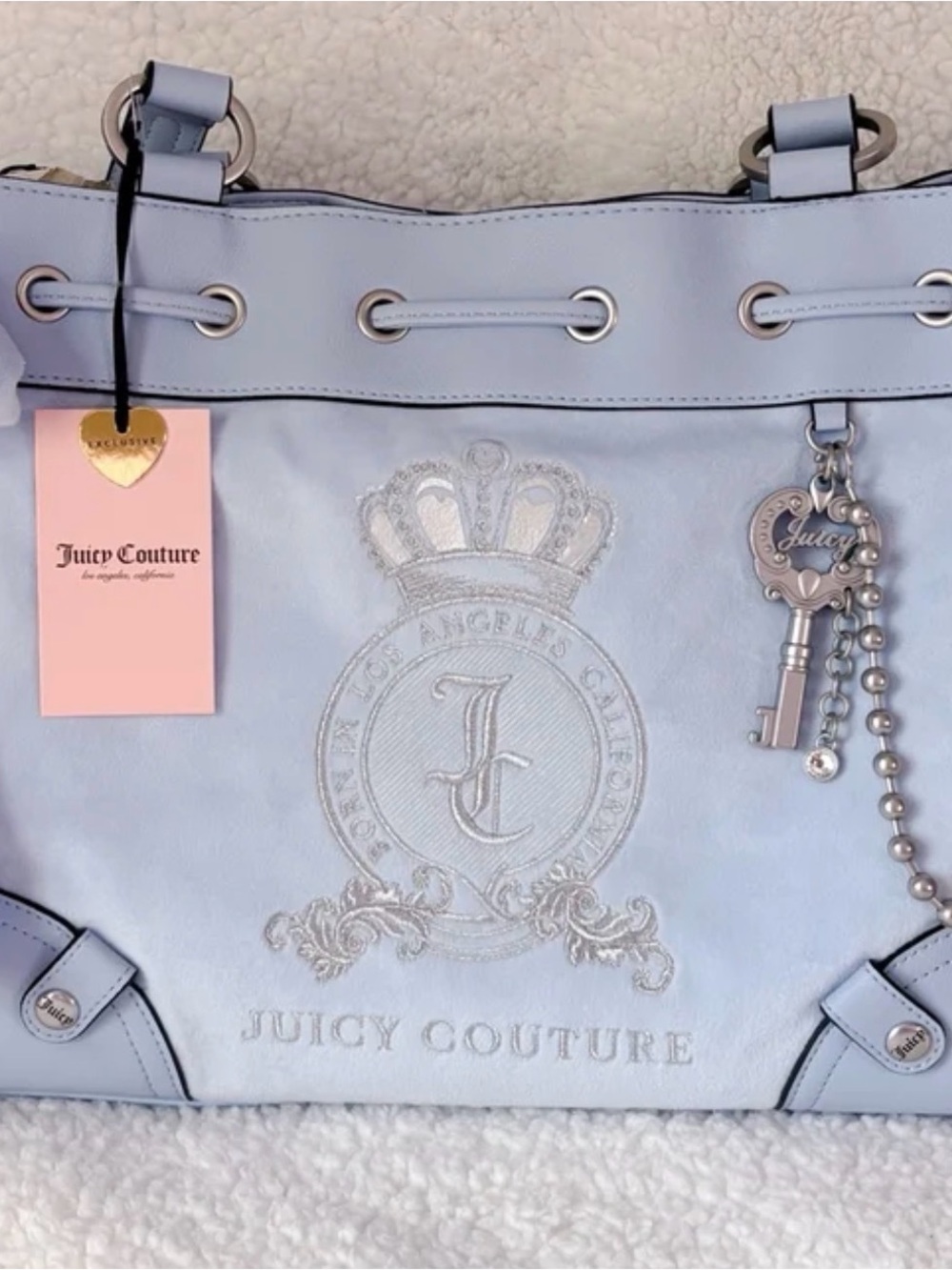 Juicy Couture Pastel Blue Embossed Crest Tote with Charm
